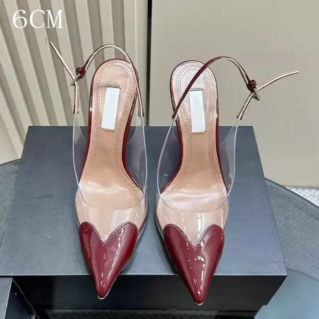 Manufacturer  New Pointy Peach Heart Fine Heel Shoes Sexy Pvc Transparent Film Black Patent Leather High Heel Overhead Sandals   Pumps