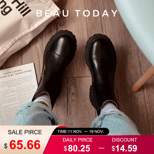 Manufacturer   Boots Platform Women Cow Leather Chelsea Boots Round Toe Elastic Band Thick Sole Ladies Shoes Handmade    boots