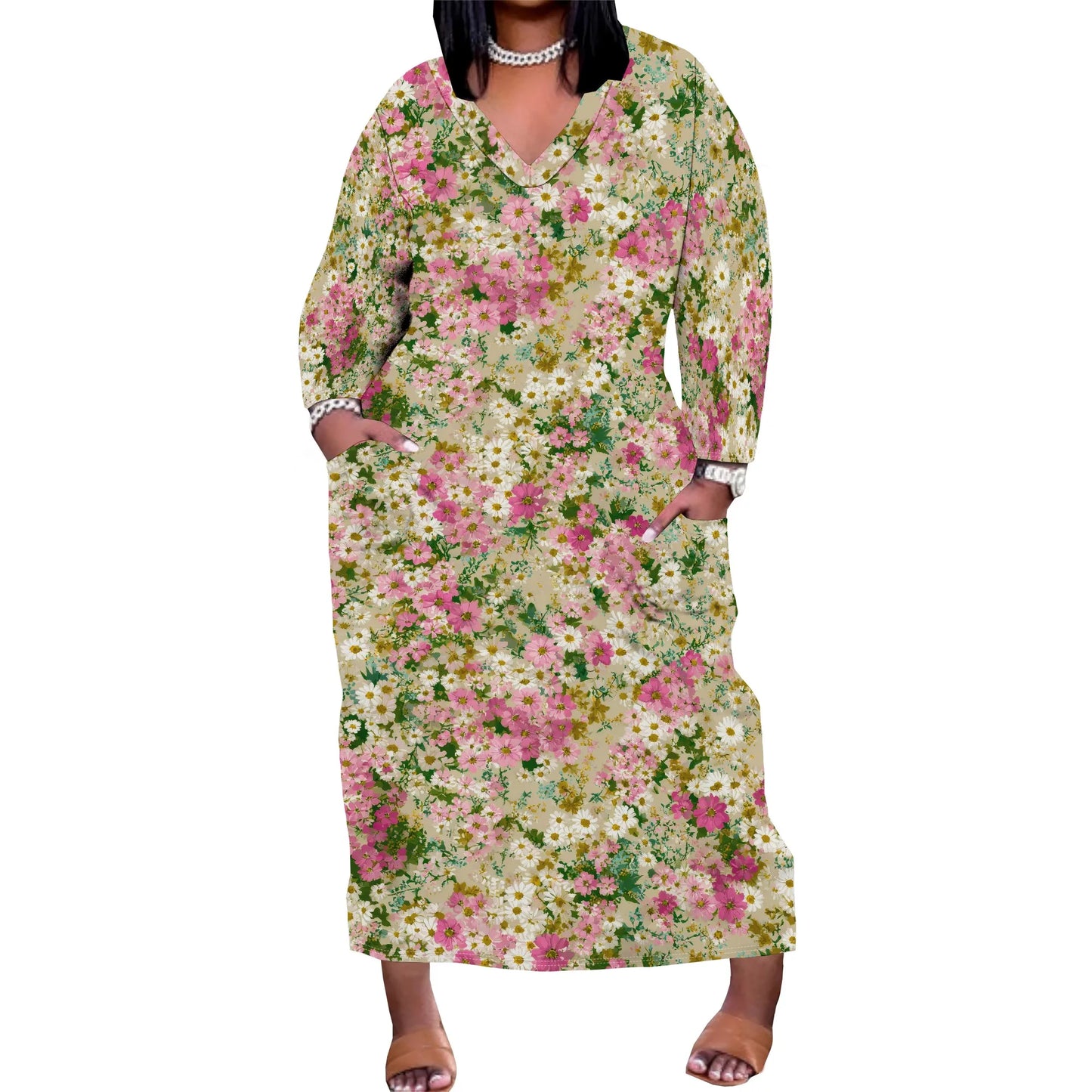 Oversized Baggy Summer Womens Print Dresses Sexy Casual T-Shirt V Neck Long Sleeve Maxi Dress with Pocket