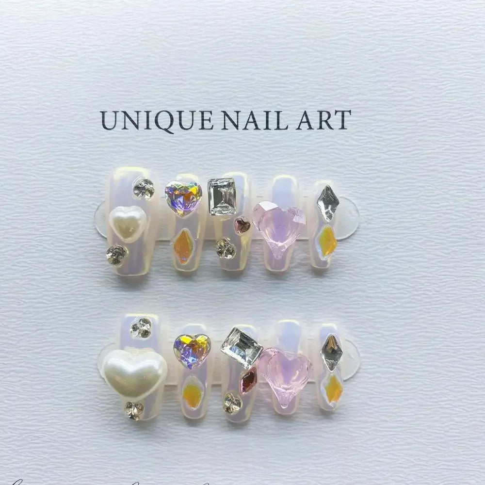 Handmade Korean Press on Nails Luxury Fairy Charm Design Reusable Adhesive False Nails Acrylic Full Cover Nail Tips for Girls