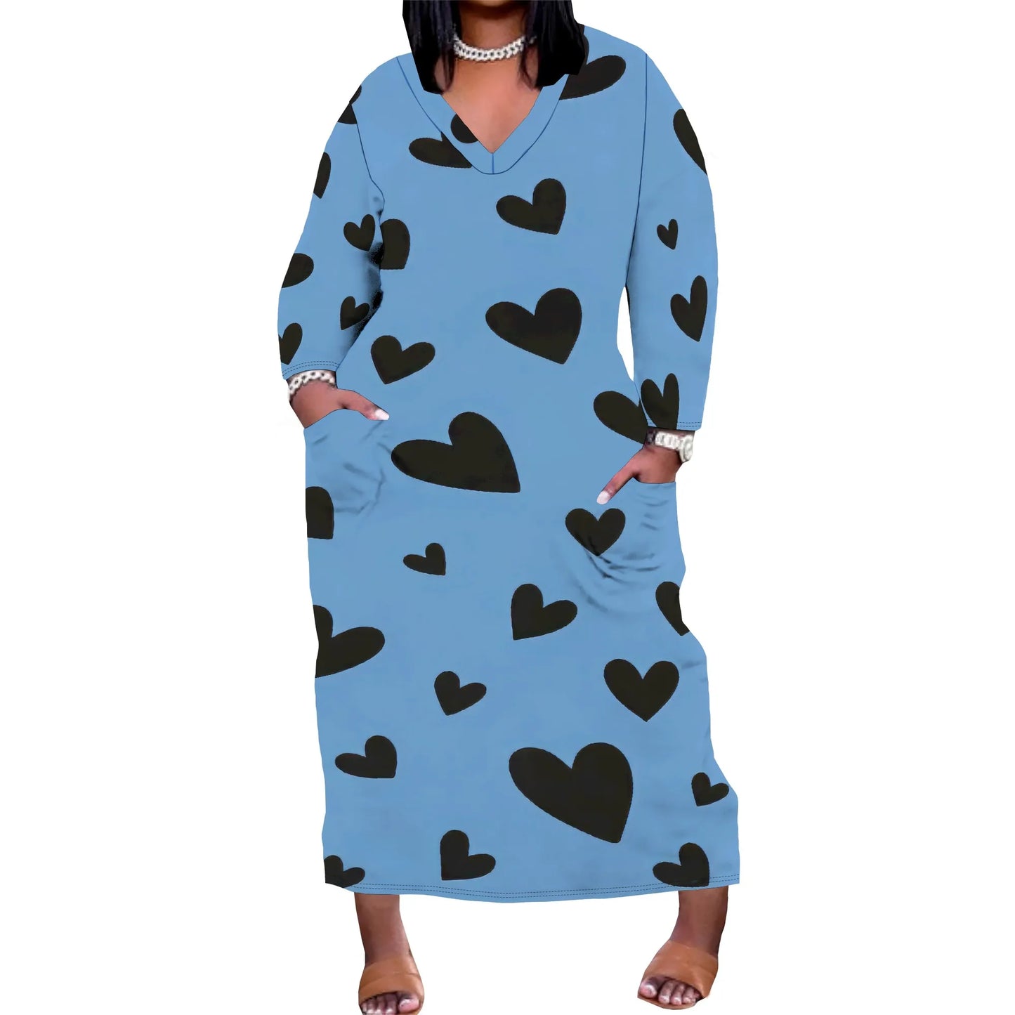 Women's Long Sleeve Plus Size Polka Dot Print Maxi Dress V Neck with Pockets Dress Loose Casual Autumn Outfit