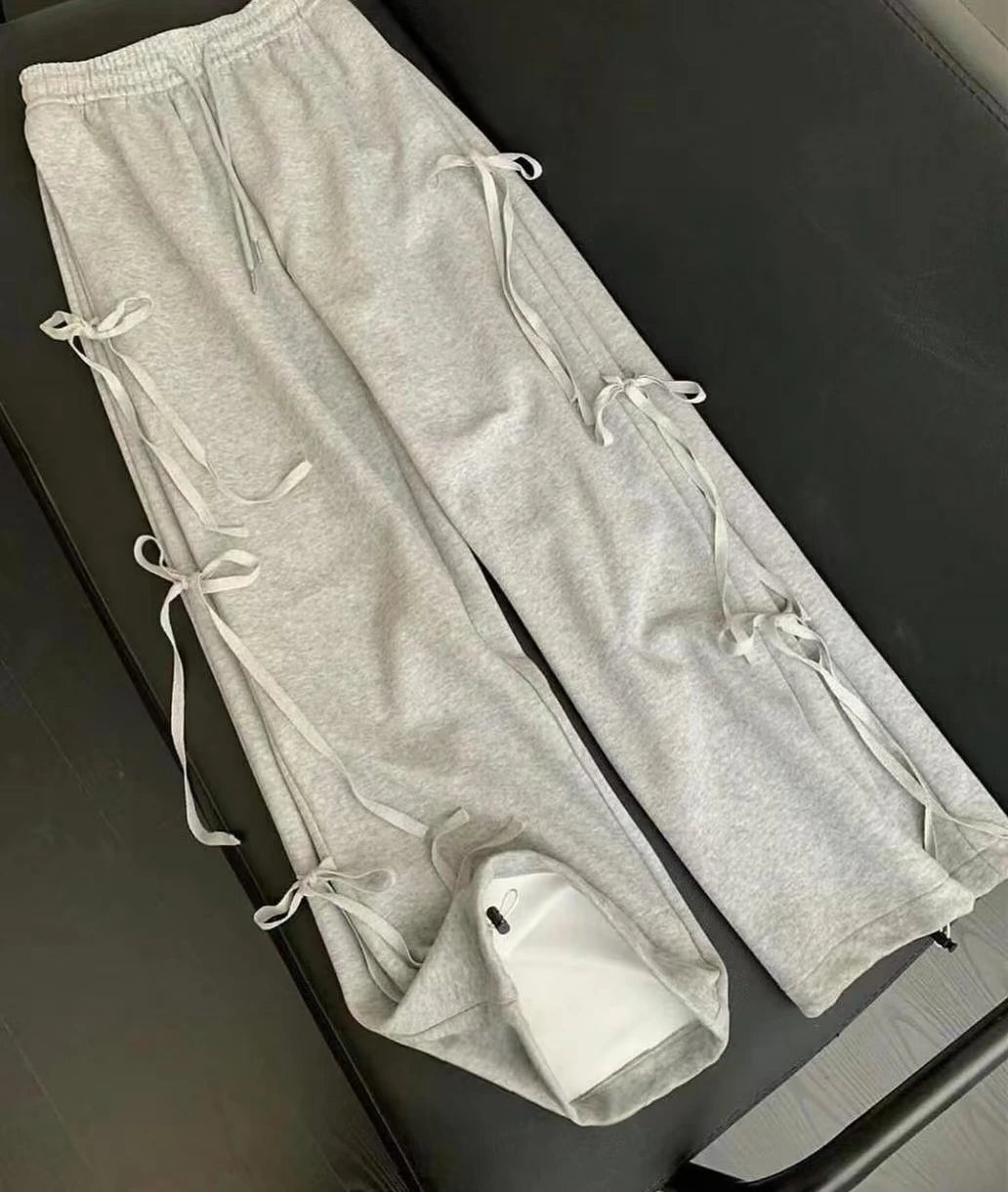 Y2K trend bow-tie casual women pants high street fashion loose solid color wide-leg pants fashion punk personality sport pant