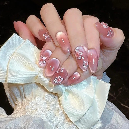 10Pcs Handmade Manicure Short Almond Fake Nails Cute 3D Cat Eye Limited Nails Press On Nails Design with Adhesive Nail File Set