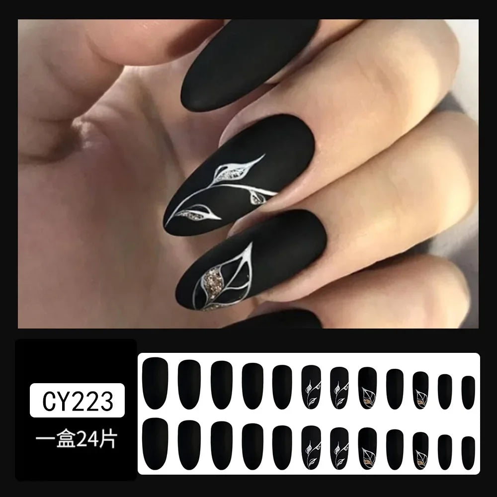 24Pcs Halloween Black Ghost Long Ballet False Nails Wearable French Ballerina Fake Nails Press On Full Cover Manicure Nail Tips
