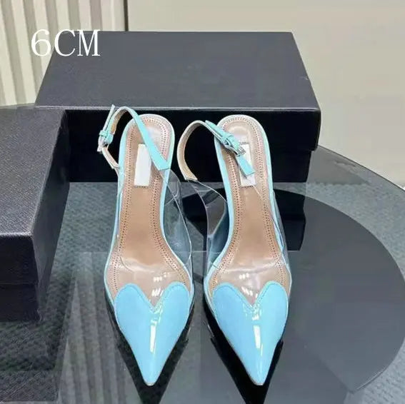 Manufacturer  New Pointy Peach Heart Fine Heel Shoes Sexy Pvc Transparent Film Black Patent Leather High Heel Overhead Sandals   Pumps