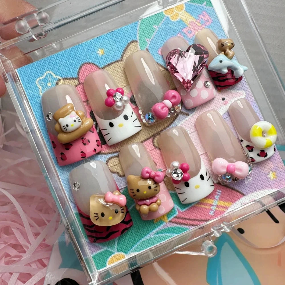 10 Pcs Handmade Manicure Medium Duck Fake Nails Cute French Nails Press On False Nails 3D Art Design with Adhesive Nail File Set