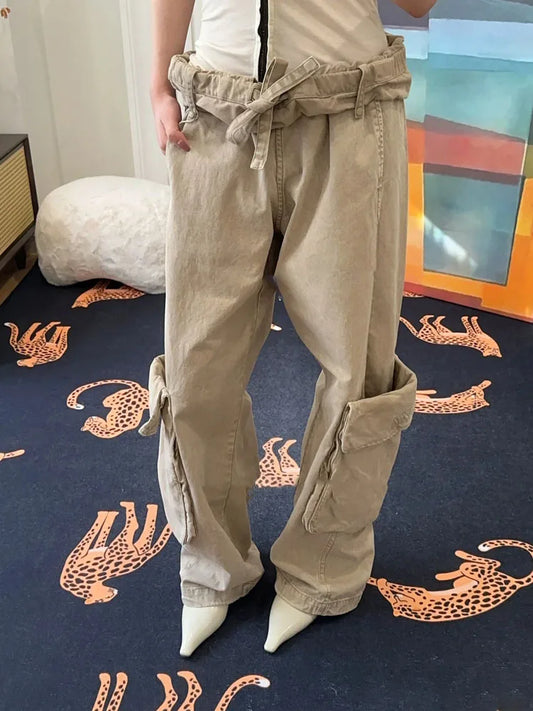 new vintage wash to do old drawstring roll-edge multi-pocket cargo pants lazy casual loose mopping pants
