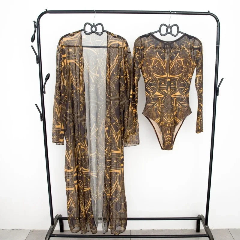 Fashion Printing Swimming Suit for Women Sexy Long Sleeve One Piece Swimsuits Mesh Bikini Cover Up  New Vintage Two Piece Set