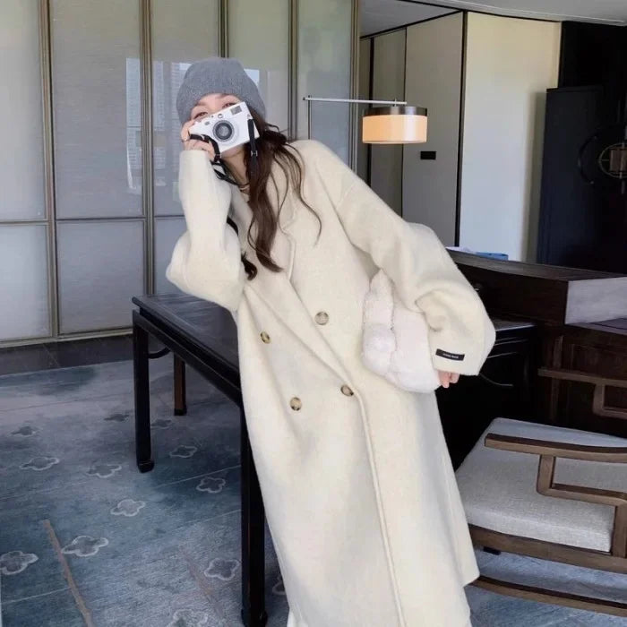 Plus Size Elegant Woolen Coat Women's Autumn Winter Knee-Length Overcoat Korean Style Hepburn Medium Length Outerwear for Women