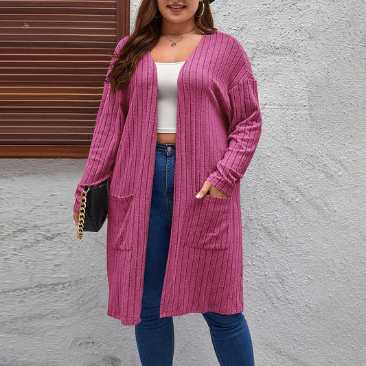 Plus Size Women's Solid Ribbed Long Sleeve Pockets Cardigan Tops Spring Autumn Ladies Casual Coatigan Outwear Size 1XL-5XL  coat