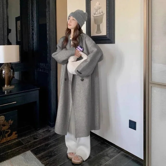 Plus Size Elegant Woolen Coat Women's Autumn Winter Knee-Length Overcoat Korean Style Hepburn Medium Length Outerwear for Women