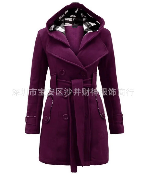 Long Plaid Hooded Coat with Belt Double Row Buttons New Hot Sale Of The Season Women's Woolen Jacket Simple Solid Color Full Sle