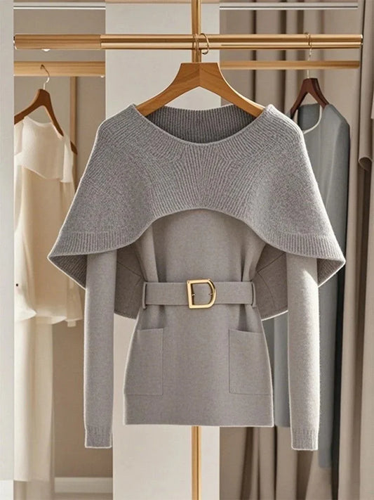 Retro Soft Knitted Sweater For Women Autumn Winter Gray Cape Sweater Elegant Commuting Pullover Top Loose Casual Outerwear