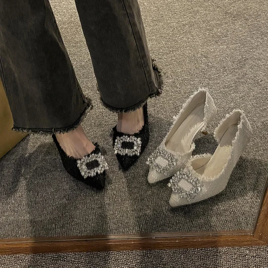 Manufacturer   Summer  French Design Pointed Toe High Heels Crystal Embellished Slim Stiletto Women's Single Shoes Elegant Minimalist Footw   Pumps
