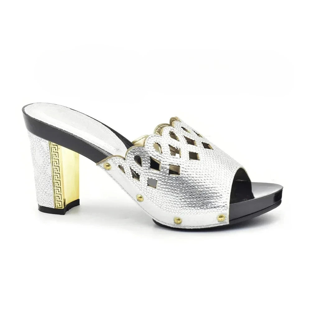 Manufacturer   Gold Color Women Slippers Shoes African Women Wedding Shoes Elegant Italian Woman Shoes with Stone High Heels Woman Summer Pumps   Pumps