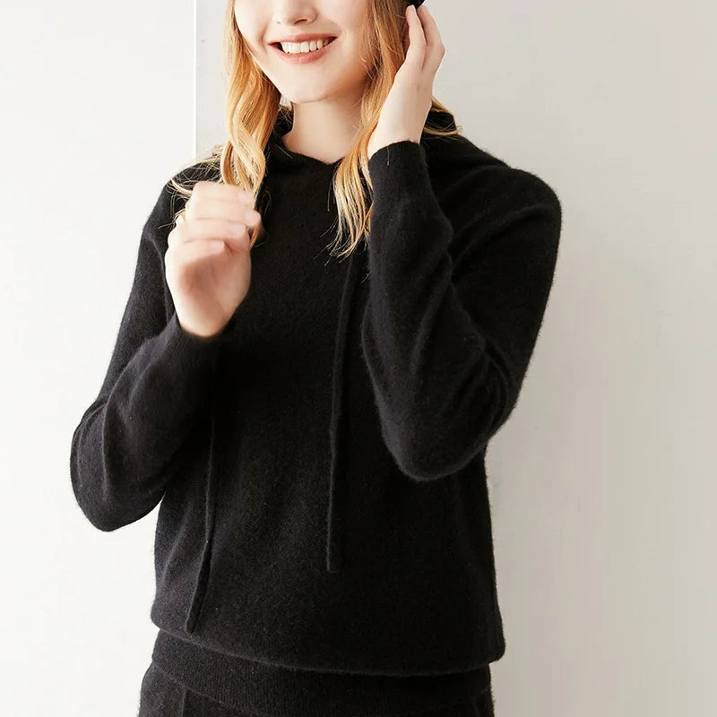Seamless Real Cashmere Pullovers Sweater Autumn Winter Women 100% Cashmere Knitted Hooded Knitwear Casual Long Sleeve Jumper