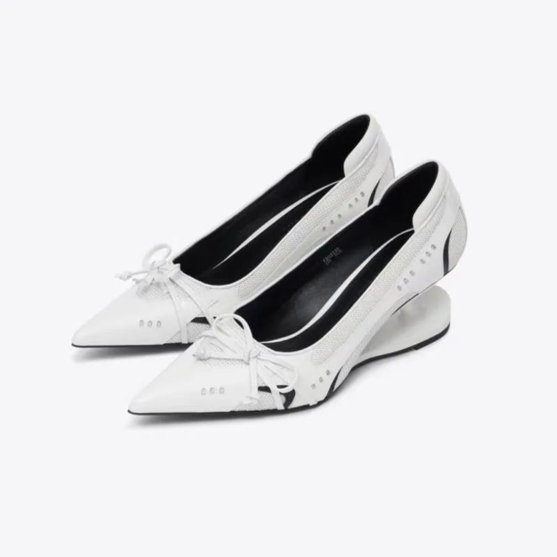 Manufacturer   Special Heel Spliced Heels Pointed Toe Heels Women's Fashion Shallow Mouth Bow Non-Slip Mary Jane Single Shoes   Pumps