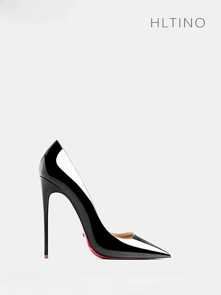 Manufacturer   new 12cm pointed French leather high heels black professional slim heels sexy shallow mouth single shoes women's red sole   Pumps