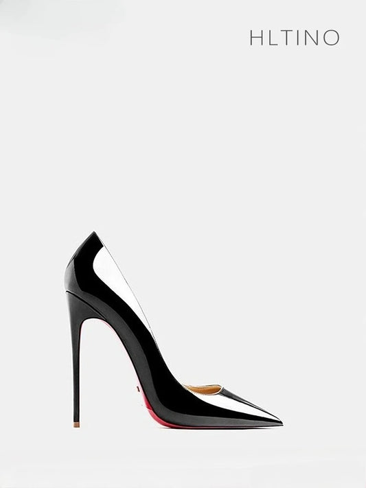 Manufacturer   new 12cm pointed French leather high heels black professional slim heels sexy shallow mouth single shoes women's red sole   Pumps