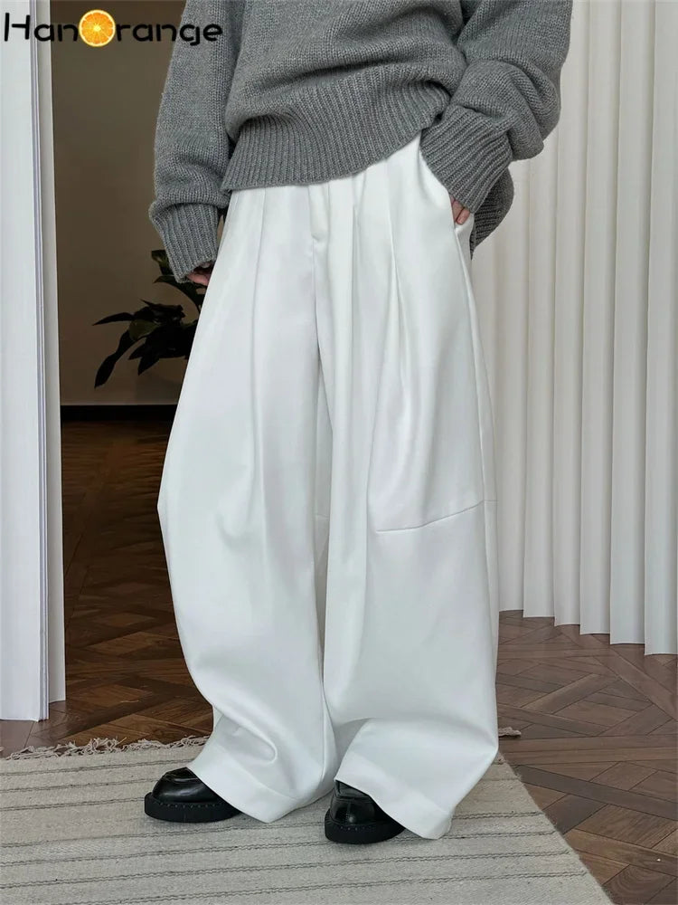 HanOrange  Winter Wide Leg Pant Women Straightening Thick Trousers White/Black/Dark Brown