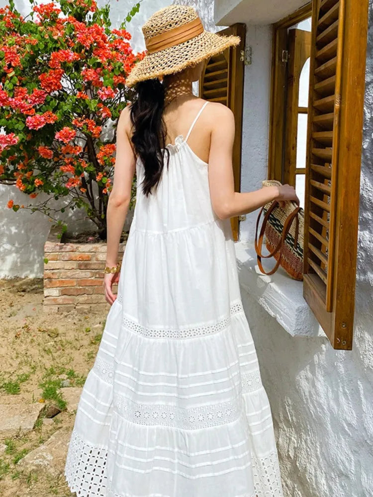Bohemian White Dress Women Summer Sleeveless Seaside Vacation Beach Suspender Dresses A-Line Hollow Embroidery Hem Long Dress