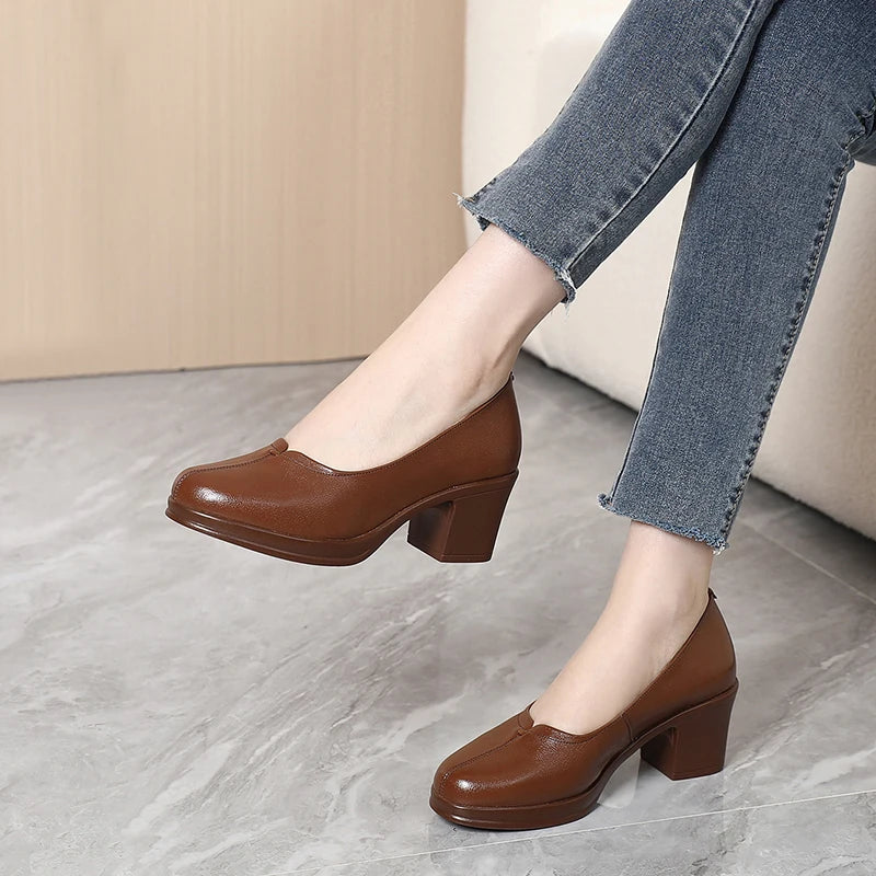 Manufacturer   New Fashion Women Pumps Round Toe Thick Heels Genuine Leather Shoes Woman Spring Summer Office Ladies Shoes Comfort   Pumps