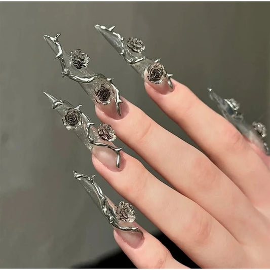 5set False Nails with glue rose design Long Coffin french fake nails full cover nail tips press on nails Bulk Wholesale/Custom