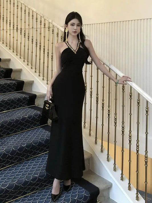 Vintage Women's Black V-neck Sequin Off Shoulder Sleeveless Backless Halter Dress Summer Sexy Club Party Elegant Long Dres Trend