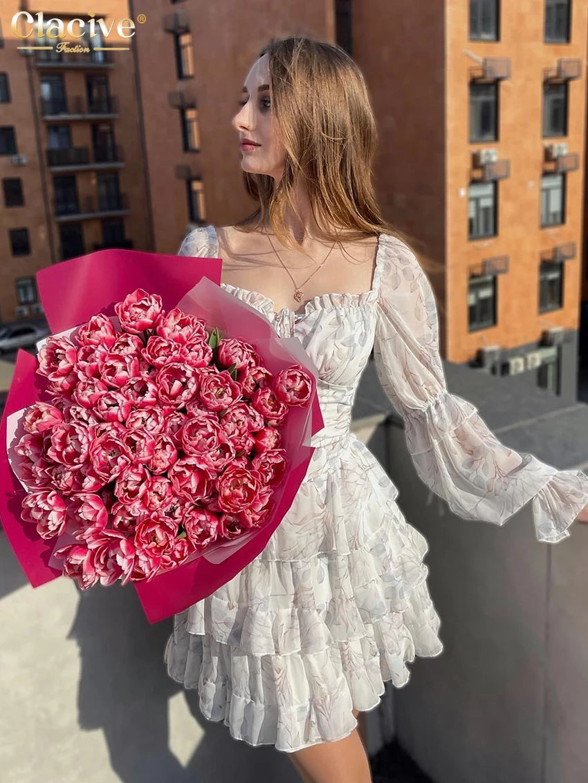 Clacive Fashion Slim Print Women's Dress Bodycon Square Collar Long Sleeve Mini Dresses Elegant High Waist Pleated Female Dress