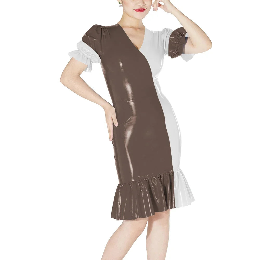Plus Size Knee-length Patchwork Dress Glossy Faux Leather Party Bodycon Short Sleeve Dress Back Zipper Ruffles Hem Womens Dress