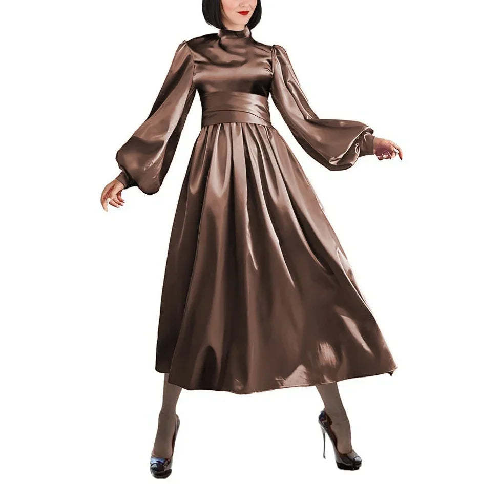 Plus Size Satin Evening Dress Elegant Drape High Neck Long Sleeve Dress Ladies Party Belted Long Gown Women A-Line Prom Dress