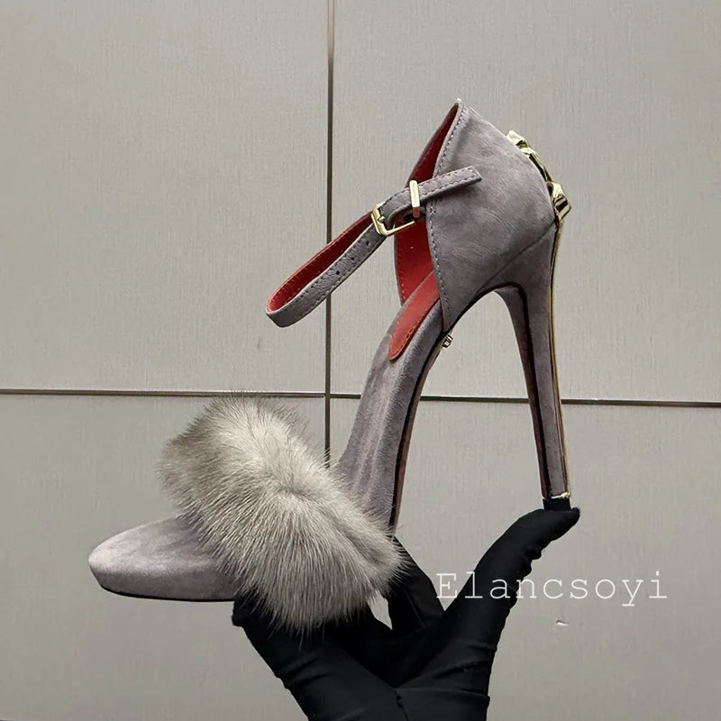 Manufacturer   Super High Heels Sandals Women Mink Fur Metal Sword Thin Heels Open Toe Ankle Strap Sandalias Summer Fashion Party Dress Pumps   Pumps