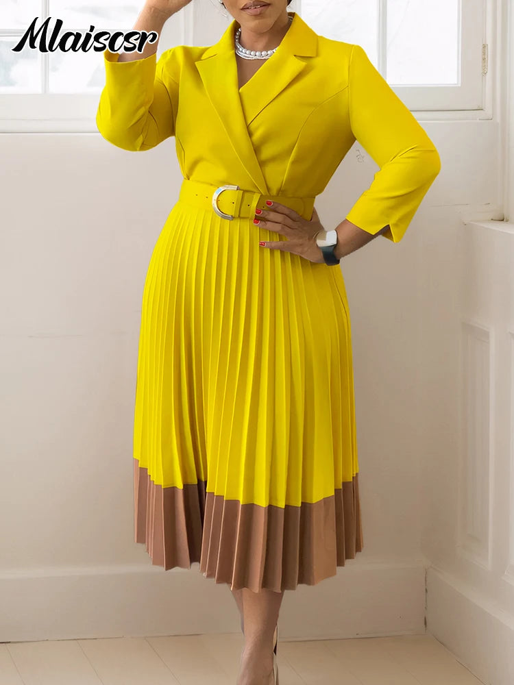 Mlaiscsr Elegant Long Sleeve Solid High Waist A Line Pleated Dress with Belt Women Office Lady African Birthday Evening Vestidos