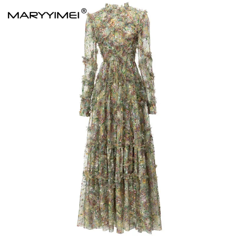 MARYYIMEI New Fashion Runway Dress Women's Round Collar Sheer Long Sleeves Mesh Flower Print Fungus Edge Patchwork Tiered Dress