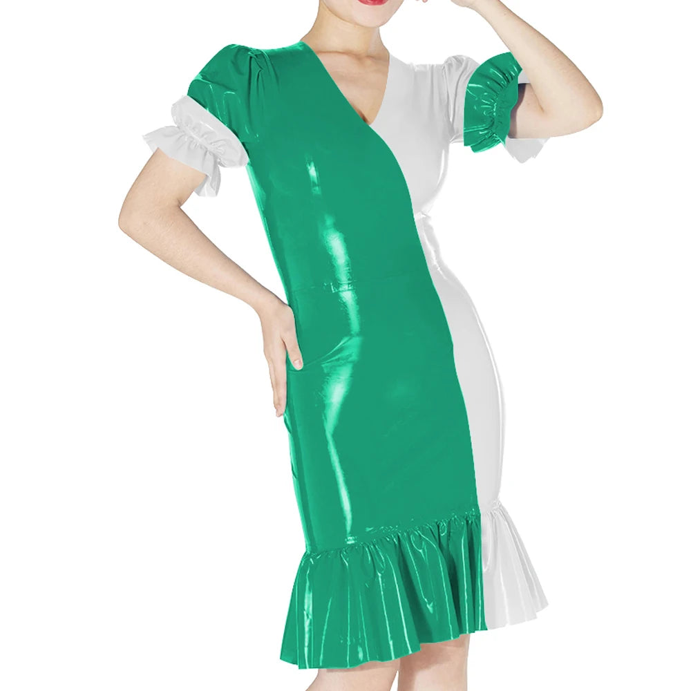 Plus Size Knee-length Patchwork Dress Glossy Faux Leather Party Bodycon Short Sleeve Dress Back Zipper Ruffles Hem Womens Dress