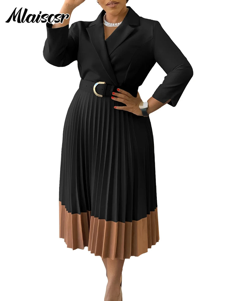Mlaiscsr Elegant Long Sleeve Solid High Waist A Line Pleated Dress with Belt Women Office Lady African Birthday Evening Vestidos