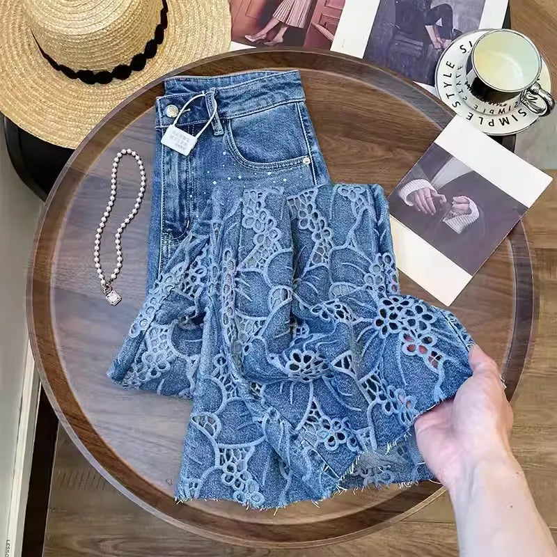 Summer Women Lace Floral Embroidery Wide Leg Denim Pant Spliced Loose Fit High Waist Hollow Out Jeans Streetwear Long Trousers