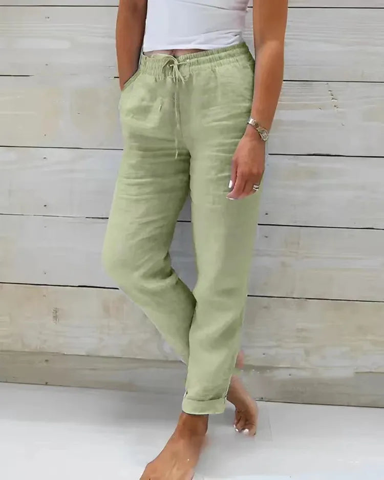 Cotton Linen Summer Pants for Women High Waist Elastic Casual Trousers Streetwear Solid Female Clothes  Loose Pencil Pants