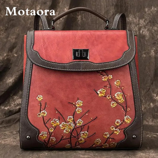 MOTAORA  Vintage Full-Grain Cowhide Backpack for Women Retro Floral Embossed Leather Shoulder Bag Handmade Travel IPAD Purse