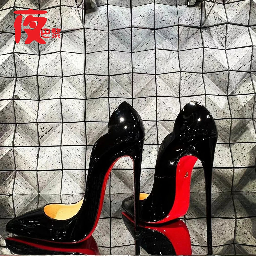 Manufacturer   Laser Electric Red High Heels Shallow Mouth Wave Edge Pointed Shoes Sexy 12cm Sexy French Fashion Lady Single Shoes33-46   Pumps