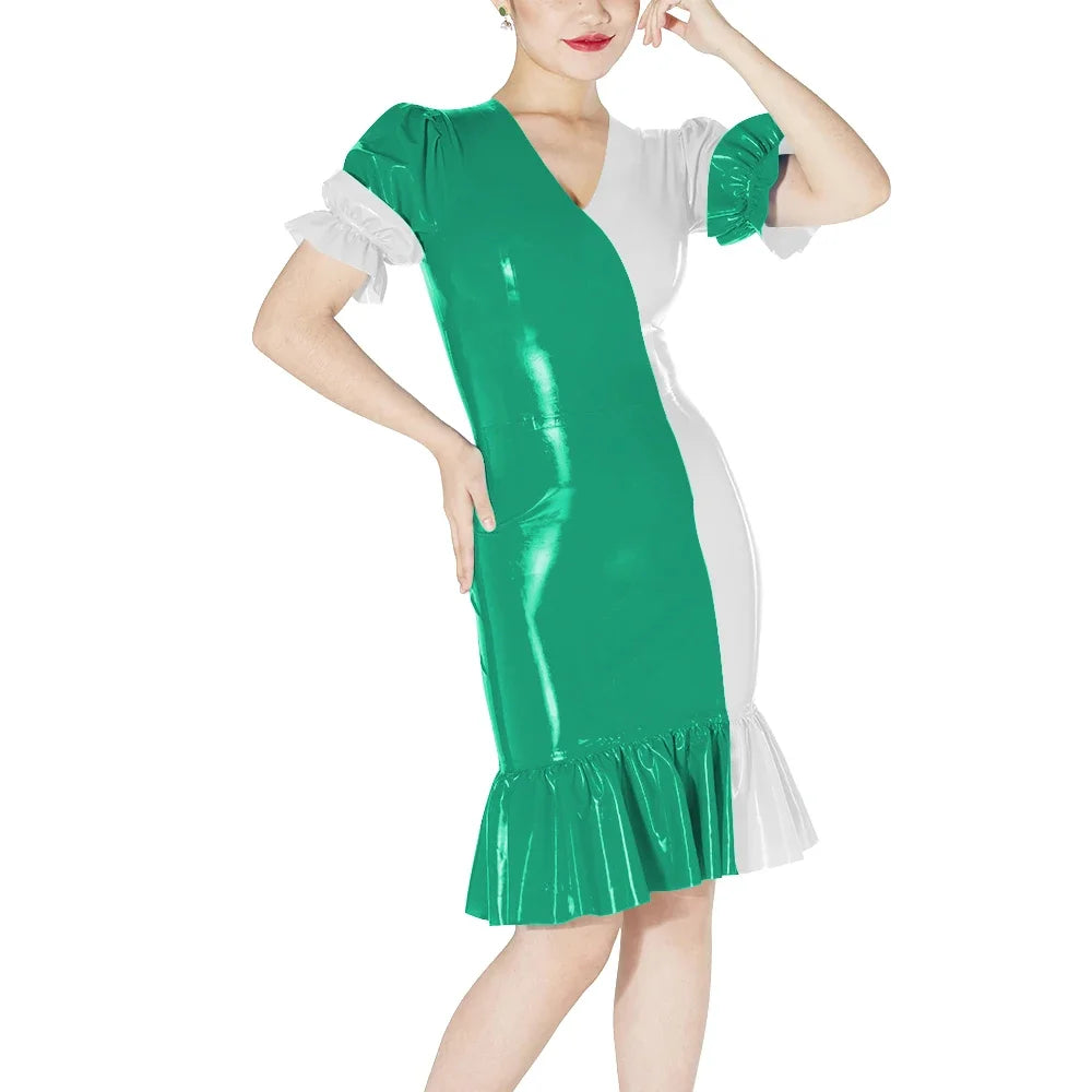 Plus Size Knee-length Patchwork Dress Glossy Faux Leather Party Bodycon Short Sleeve Dress Back Zipper Ruffles Hem Womens Dress