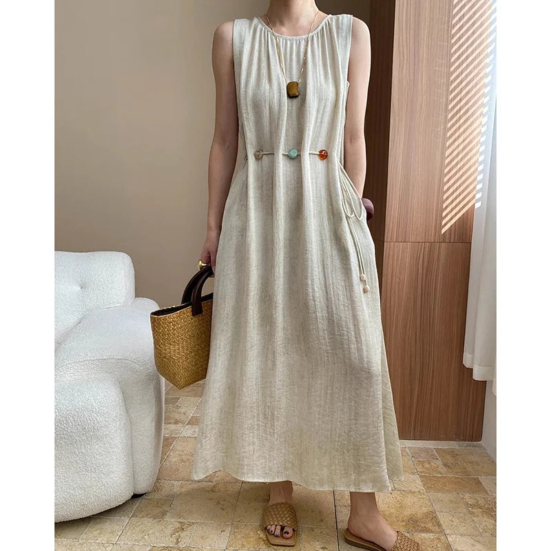 FOTVOTEE Elegant Simple Long Dresses for Women Vintage Bead Lace Up Sleeveless Dress Vacation Casual Temperament Ladies Vestidos