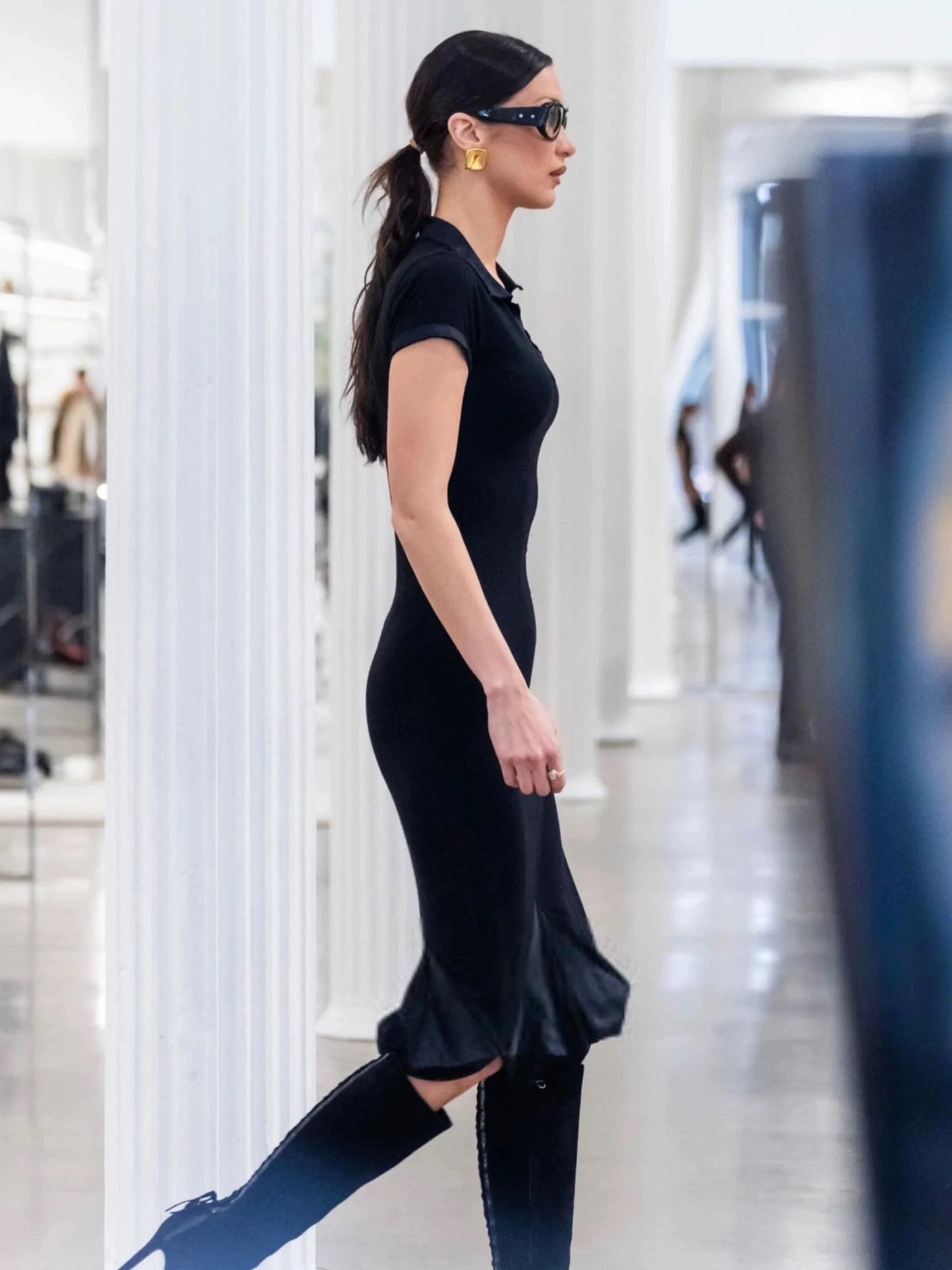 Tank black polo collar dress Bella same style splicing design short sleeve irregular long skirts