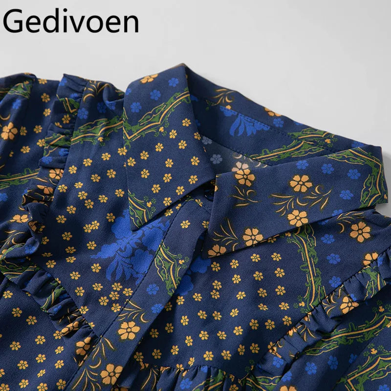 Gedivoen Fashion design Women's Summer Dress Turn-Down Collar Single-Breasted Chic Print Dresses With Long Sleeves