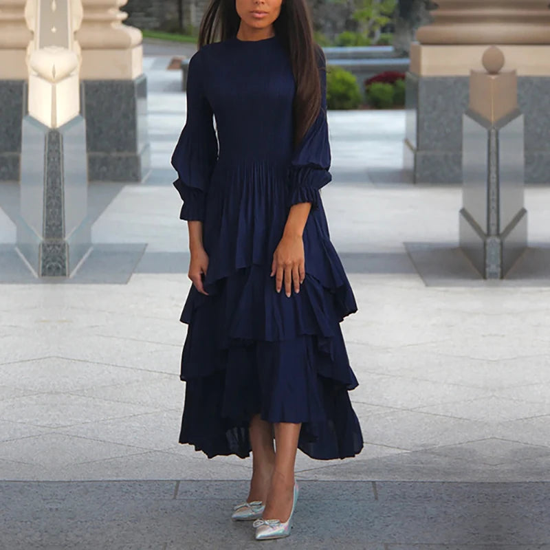 Miyake Folds  Summer New Lantern Sleeve Dress Solid Color Lotus Edge Long Skirt