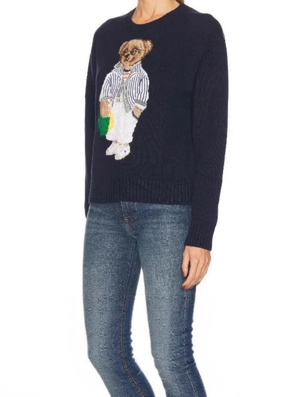 heavyweight new women's classic American cartoon teddy bear embroidered jacquard loose and versatile knitted sweater pullover