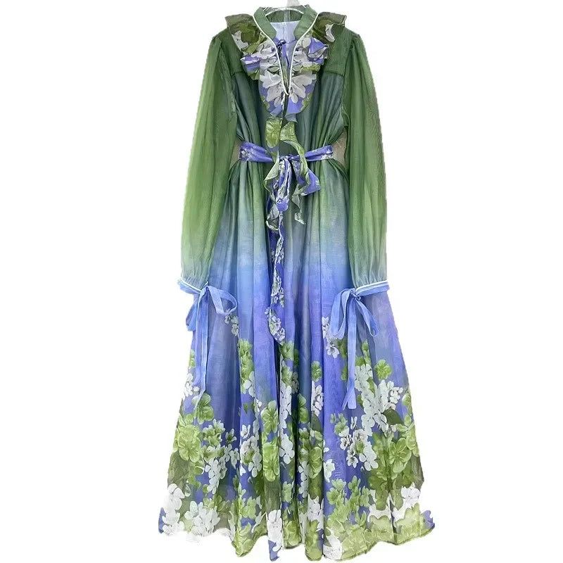 Retro Court Style Long Dress Full Sleeve Floral Print Slimming Waist Ankle Length Skirts Cotton Material Stand Collar Regular