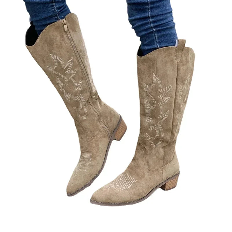 Manufacturer   Embroidered Western Cowboy Boots for Women Autumn Pointed Toe Thick Heel High Knee Boots Woman Loose PU Leather Long Botas Mujer   boots