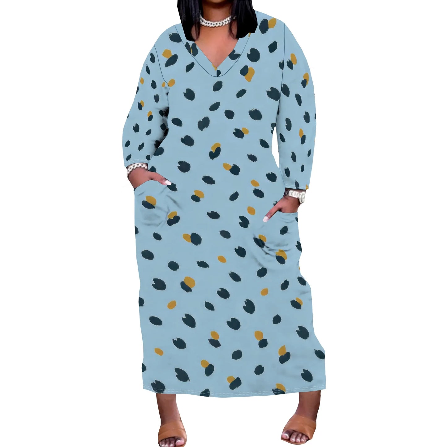 Women's Long Sleeve Plus Size Polka Dot Print Maxi Dress V Neck with Pockets Dress Loose Casual Autumn Outfit