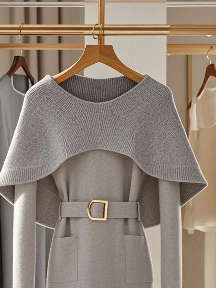 Retro Soft Knitted Sweater For Women Autumn Winter Gray Cape Sweater Elegant Commuting Pullover Top Loose Casual Outerwear